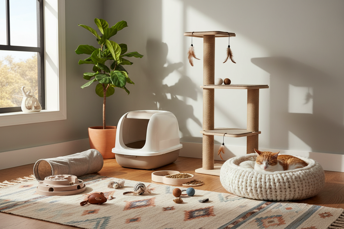 Katzenausstattung Grundausstattung mit Katzentoilette, Katzenbett, Kratzbaum und Spielzeug in modernem Wohnzimmer