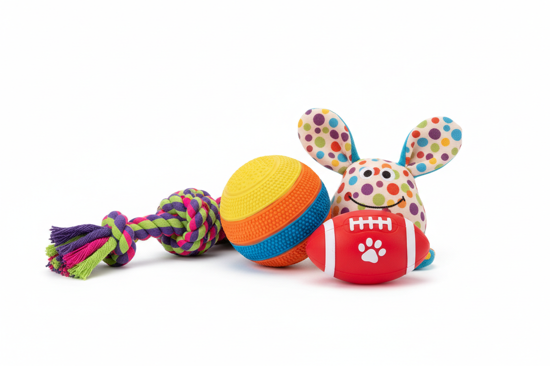 Hundespielzeug Kollektion mit Hundeball, Kauspielzeug und Plüschtier für Hunde