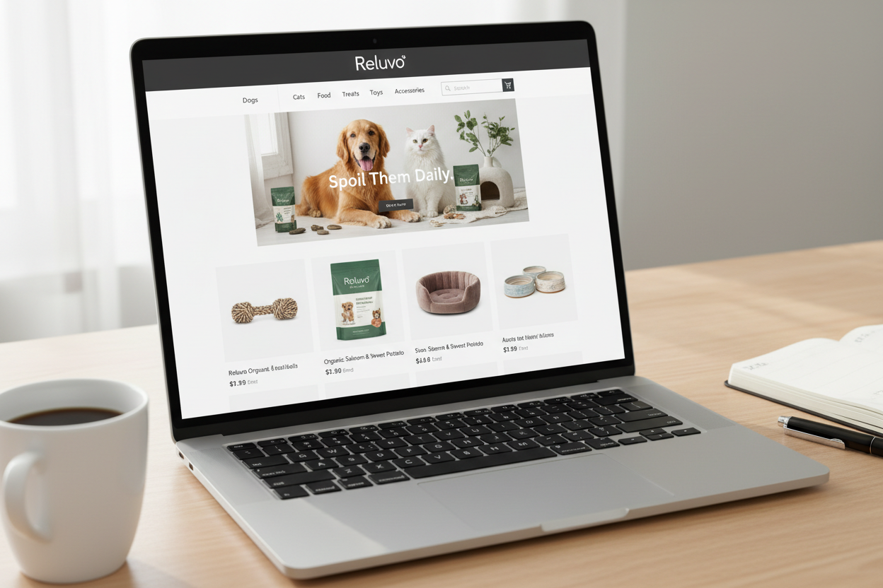 Reluvo Online-Shop für Tierzubehör - Moderner E-Commerce-Store für Premium-Haustierprodukte