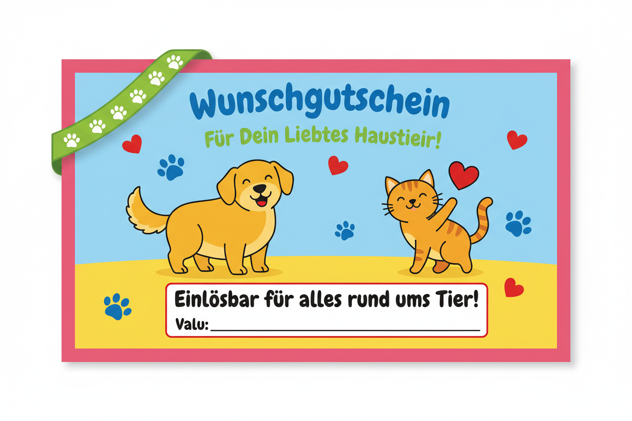 Wunschgutschein für Haustiere - bunter Geschenkgutschein mit niedlichen Hund und Katze Illustrationen