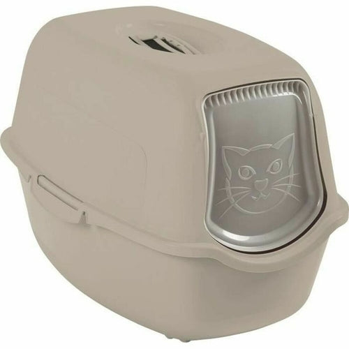 Beige Katzentoilette aus Polypropylen mit Katzenmotiv, ideal für Katzenspielzeug und Katzen Zubehör, Teil des Haustierbedarfs.