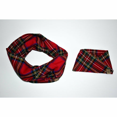 Red plaid scarf and matching pouch on a white background
