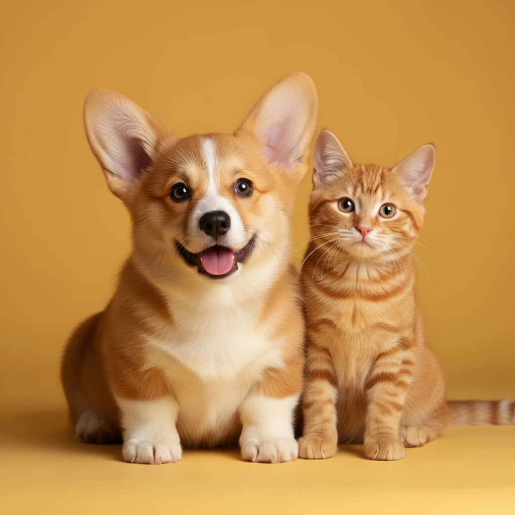 Happy pets - dog and cat on yellow background