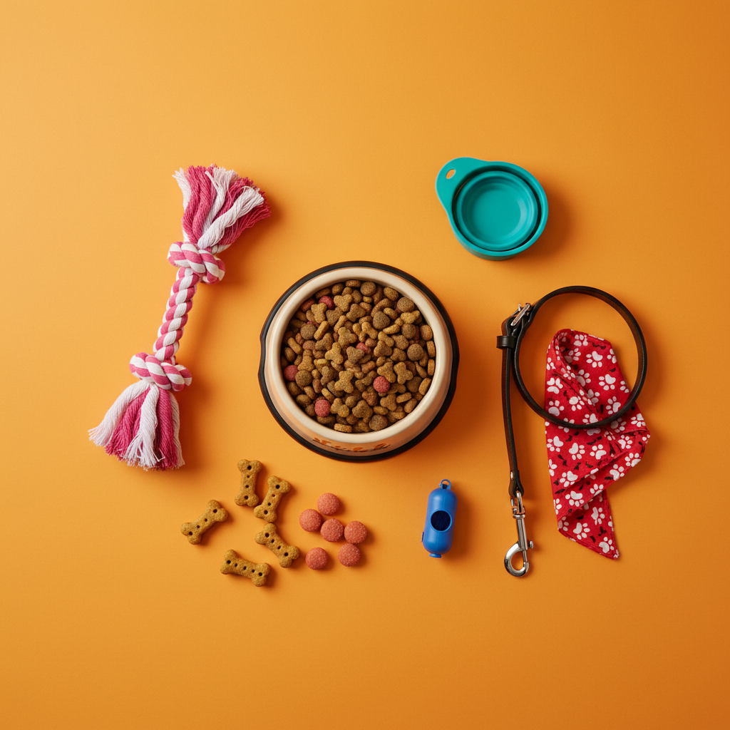 Pet toys and food on orange background